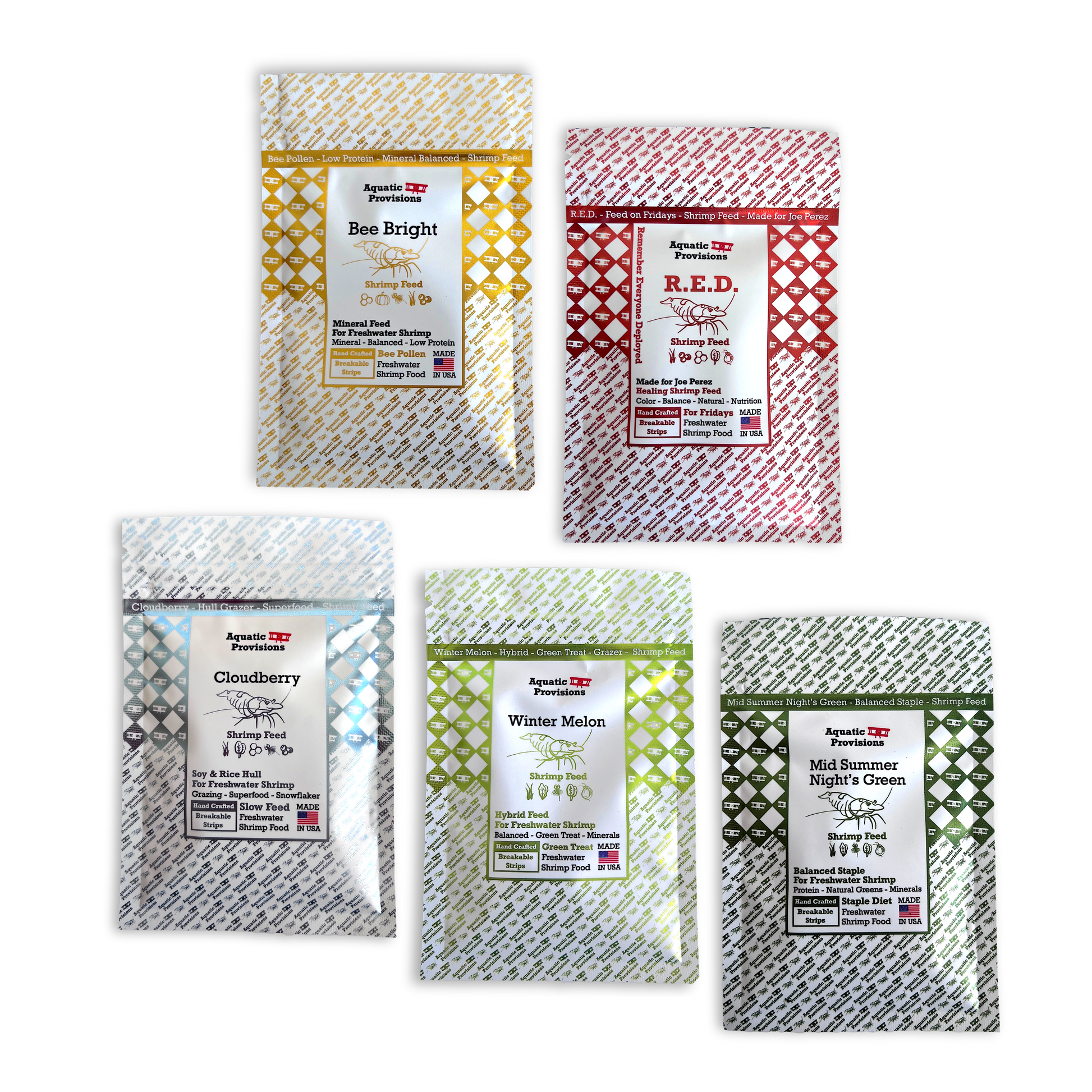 Five packages of Aquatic Provisions neocaridina shrimp feeds