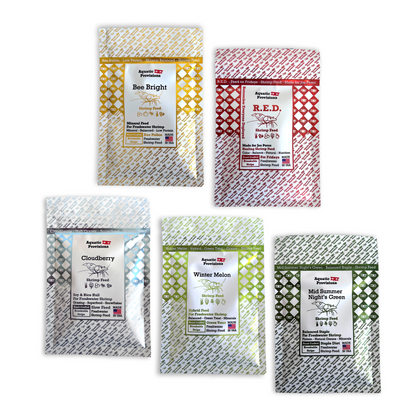Five packages of Aquatic Provisions neocaridina shrimp feeds