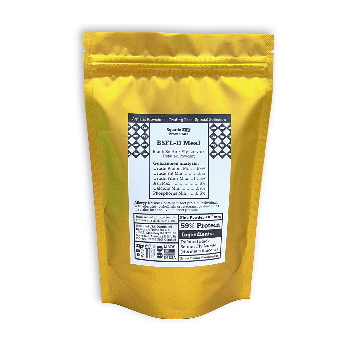 A gold stand-up resealable pouch of Aquatic Promises BSFL-D Meal, a blood-feeding fly service for fish, shown against a plain white background.