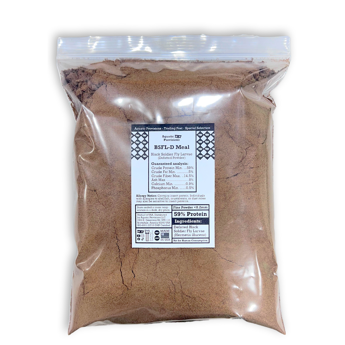 A clear plastic bag filled with brown powder labeled 'BSFL-D Meal' on a plain white background.