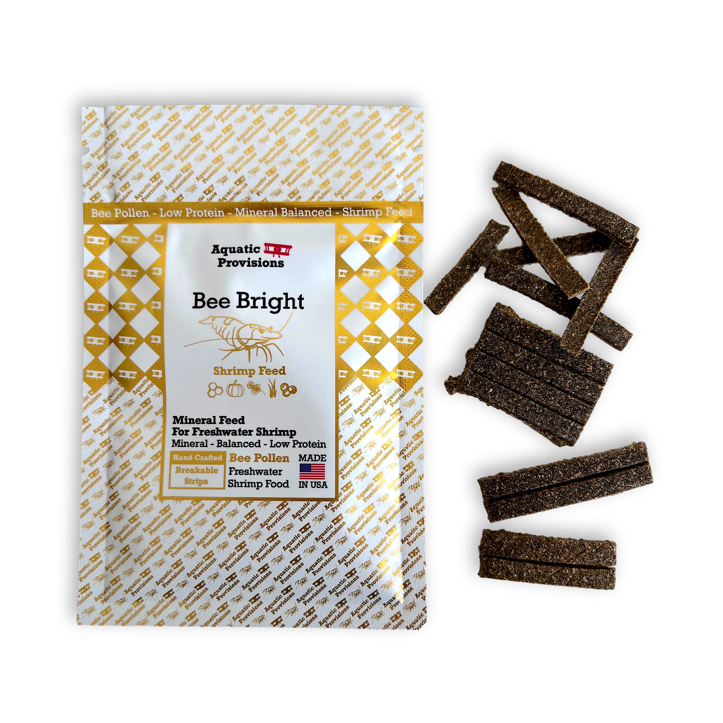 Aquatic Provisions Bee Bright shrimp food packaging with food strips on a white background