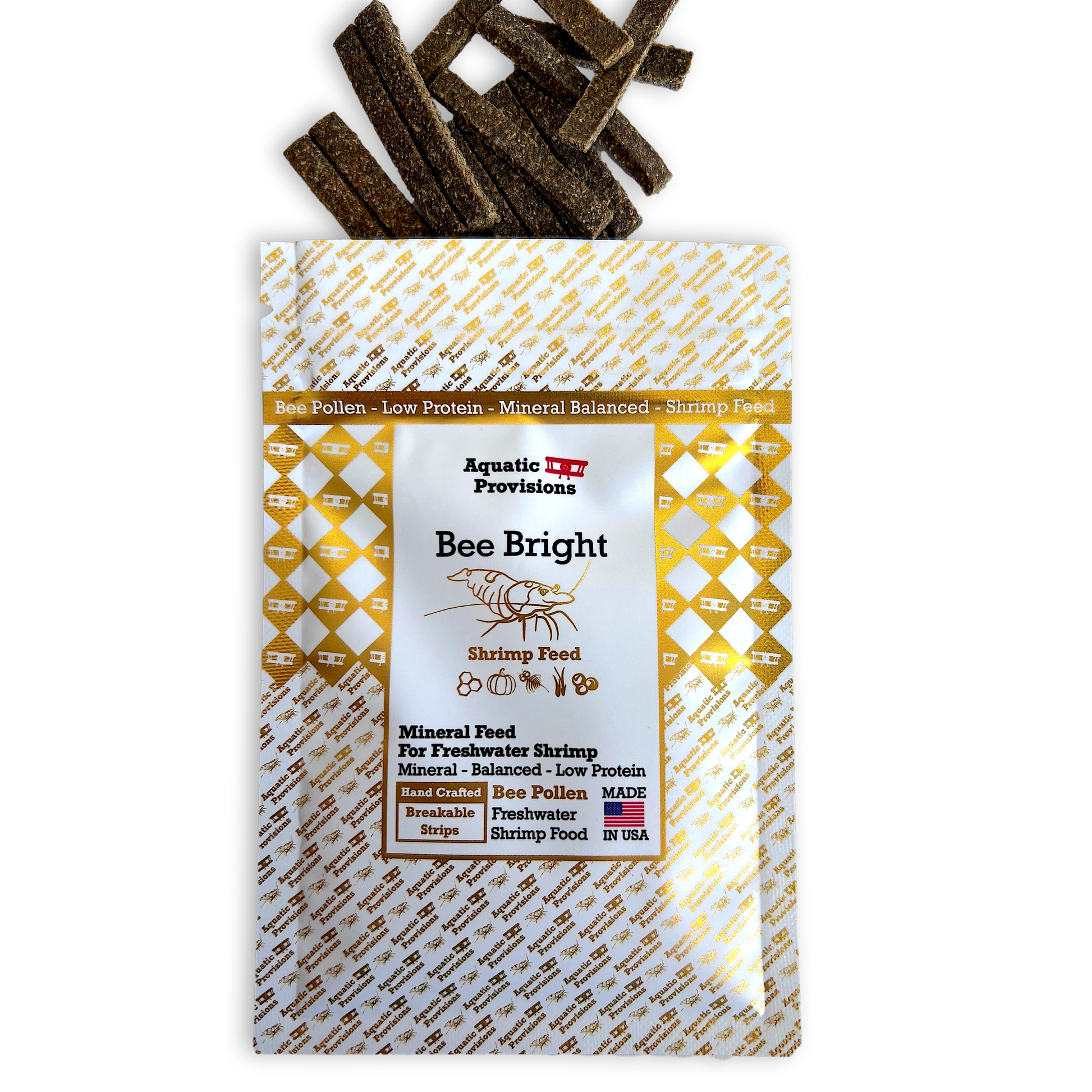 Aquatic Provisions Bee Bright Shrimp Feed packaging with shrimp feed sticks on a white background