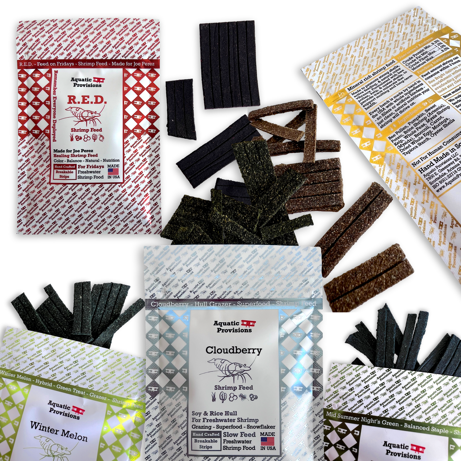 Collection of Aquatic Provisions fish food packages and strips on a white background