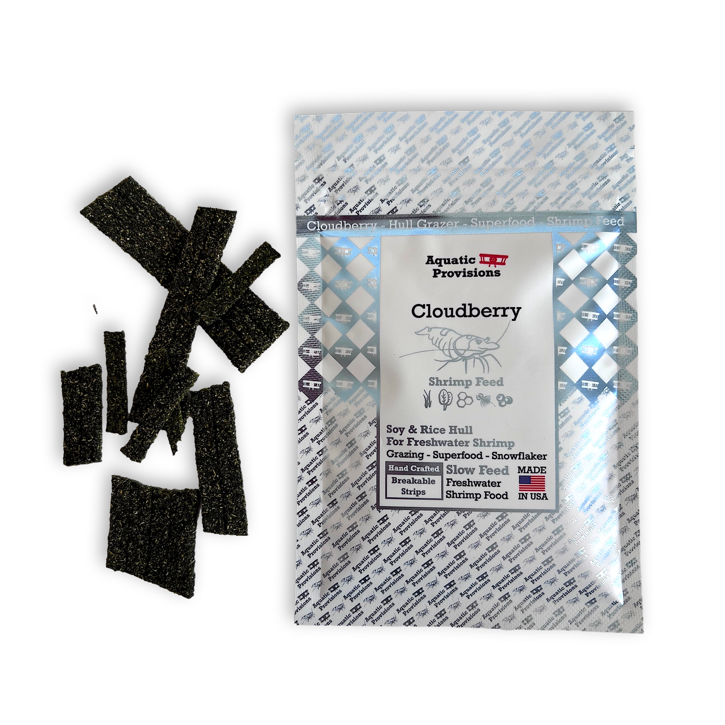 Aquatic Provisions Cloudberry shrimp food package with black shrimp food pieces on a white background