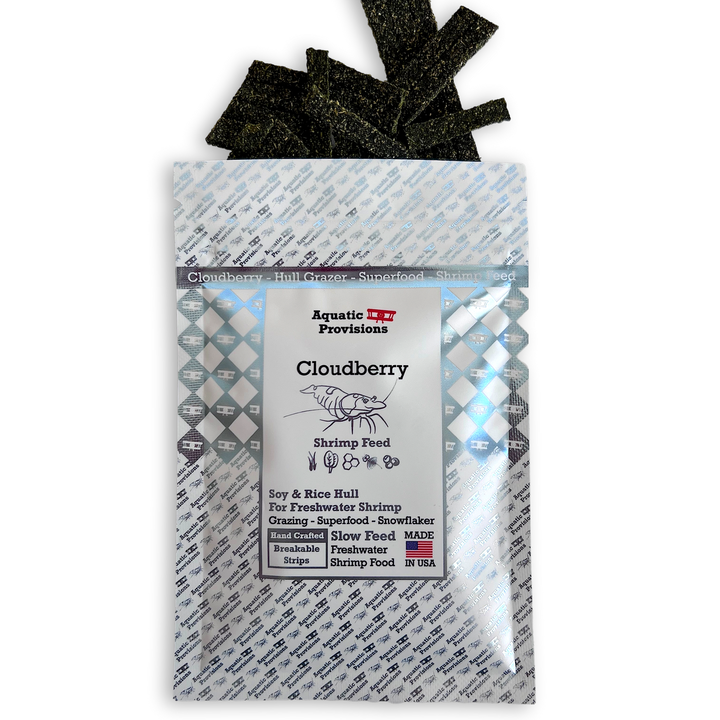 Aquatic Provisions Cloudberry shrimp feed packaging with visible text and branding.