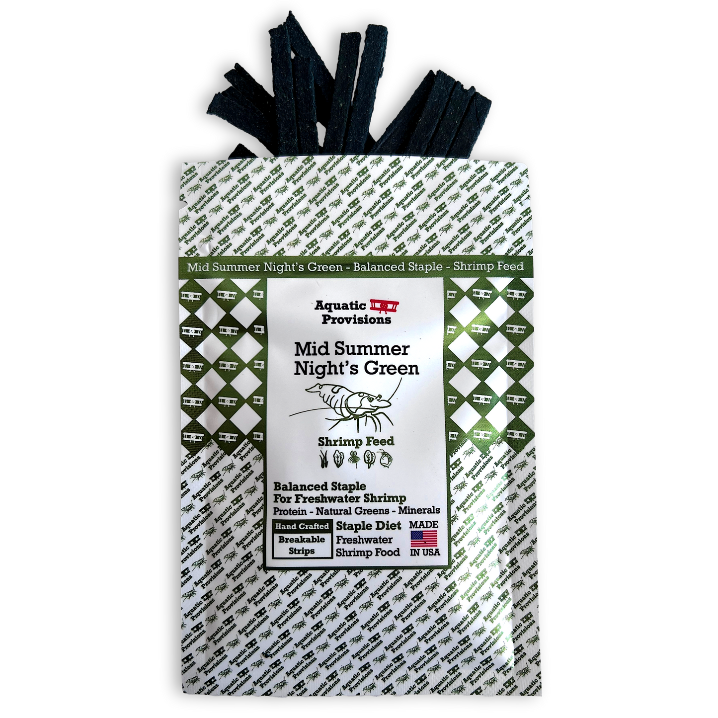 Shrimp feed package with green and white pattern on a white background