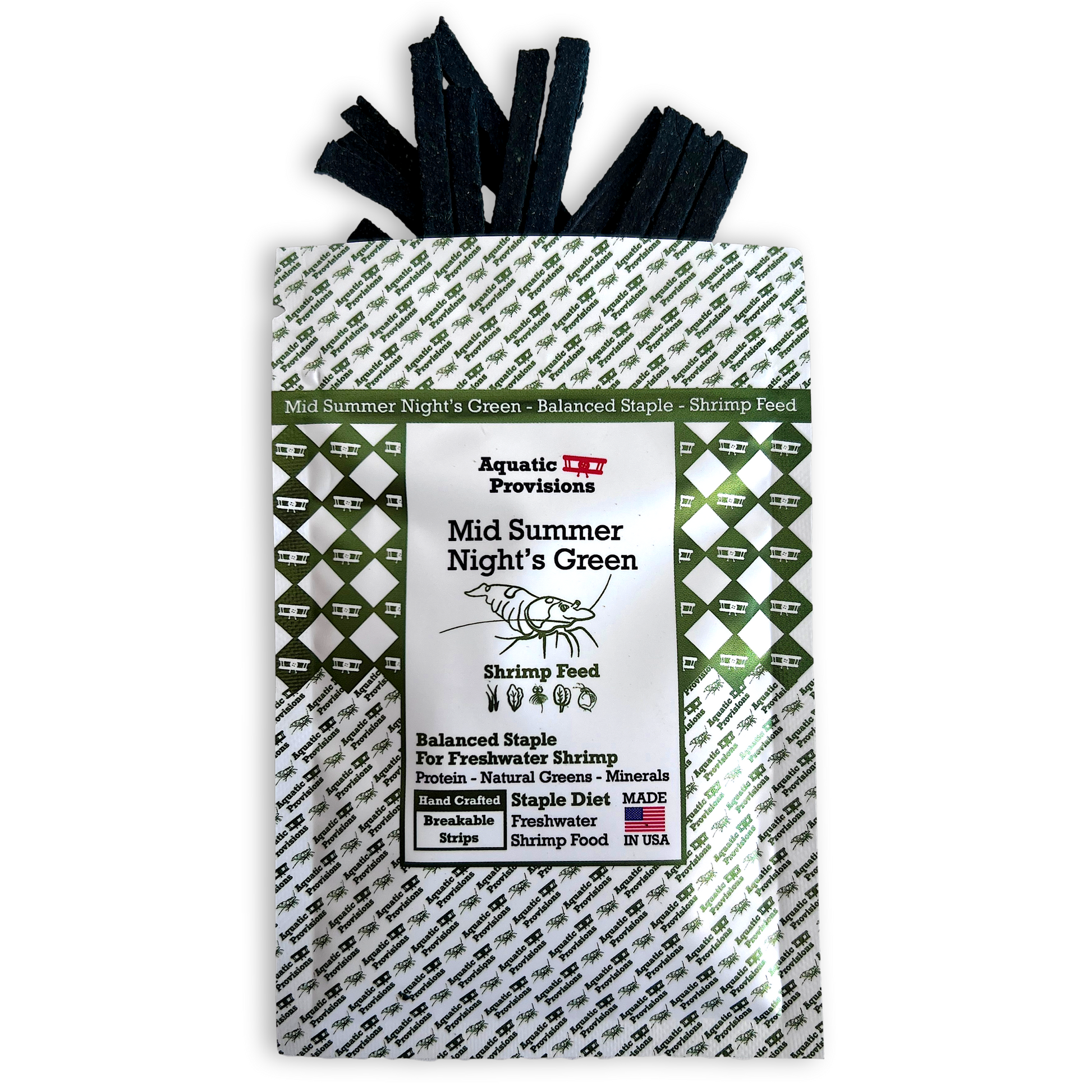 Shrimp feed package with green and white pattern on a white background