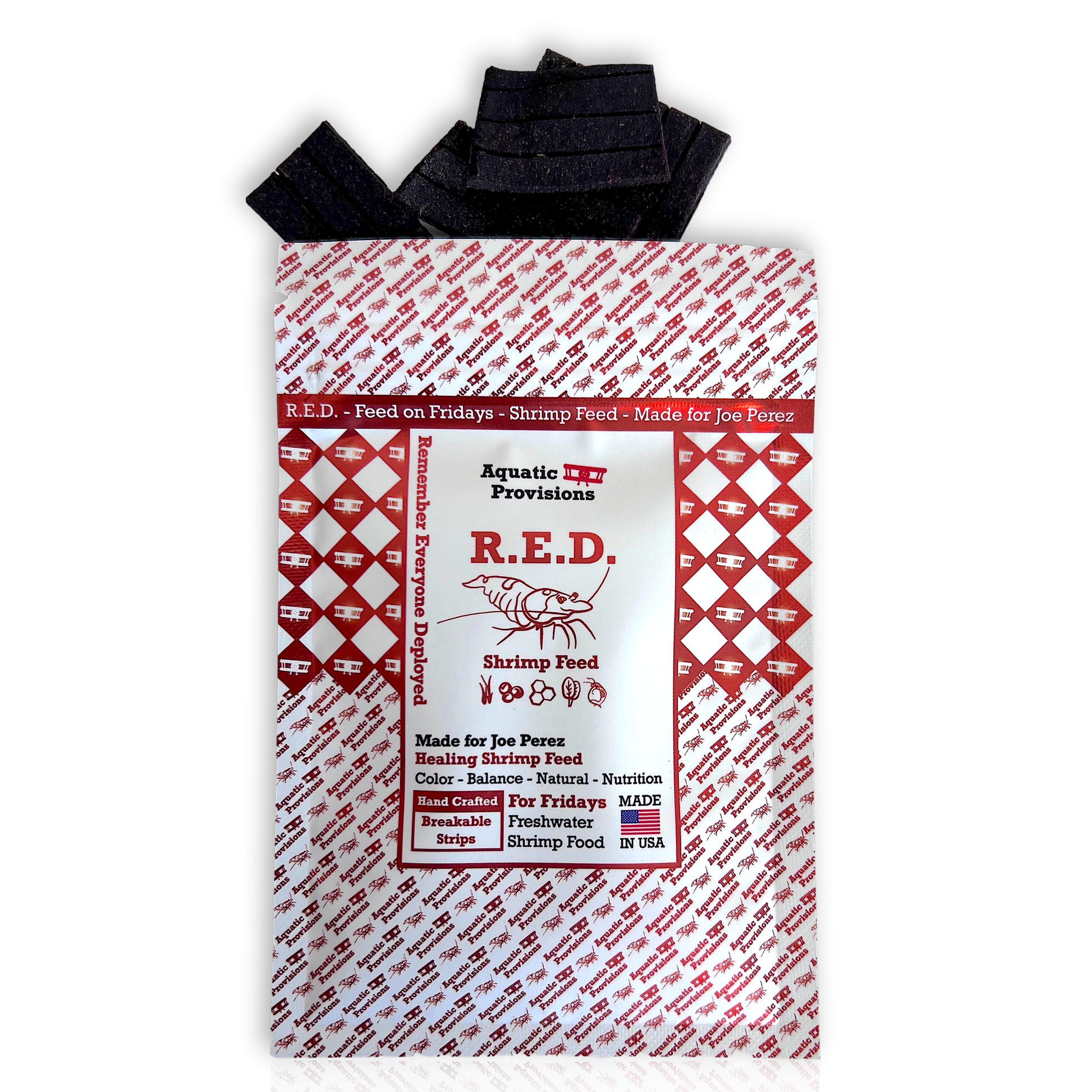 Aquatic Provisions R.E.D. Shrimp Feed packaging with red and white design on a white background
