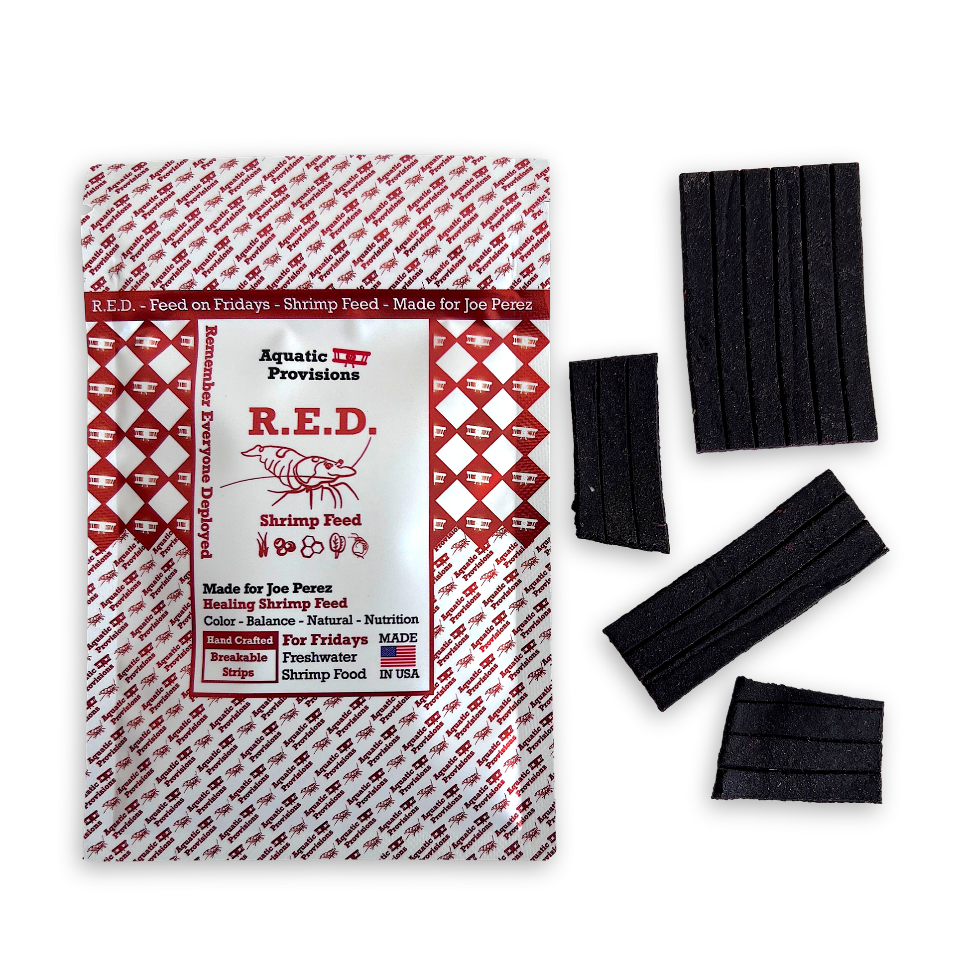 R.E.D. Shrimp Feed packaging with black rectangular feed packets on a white background