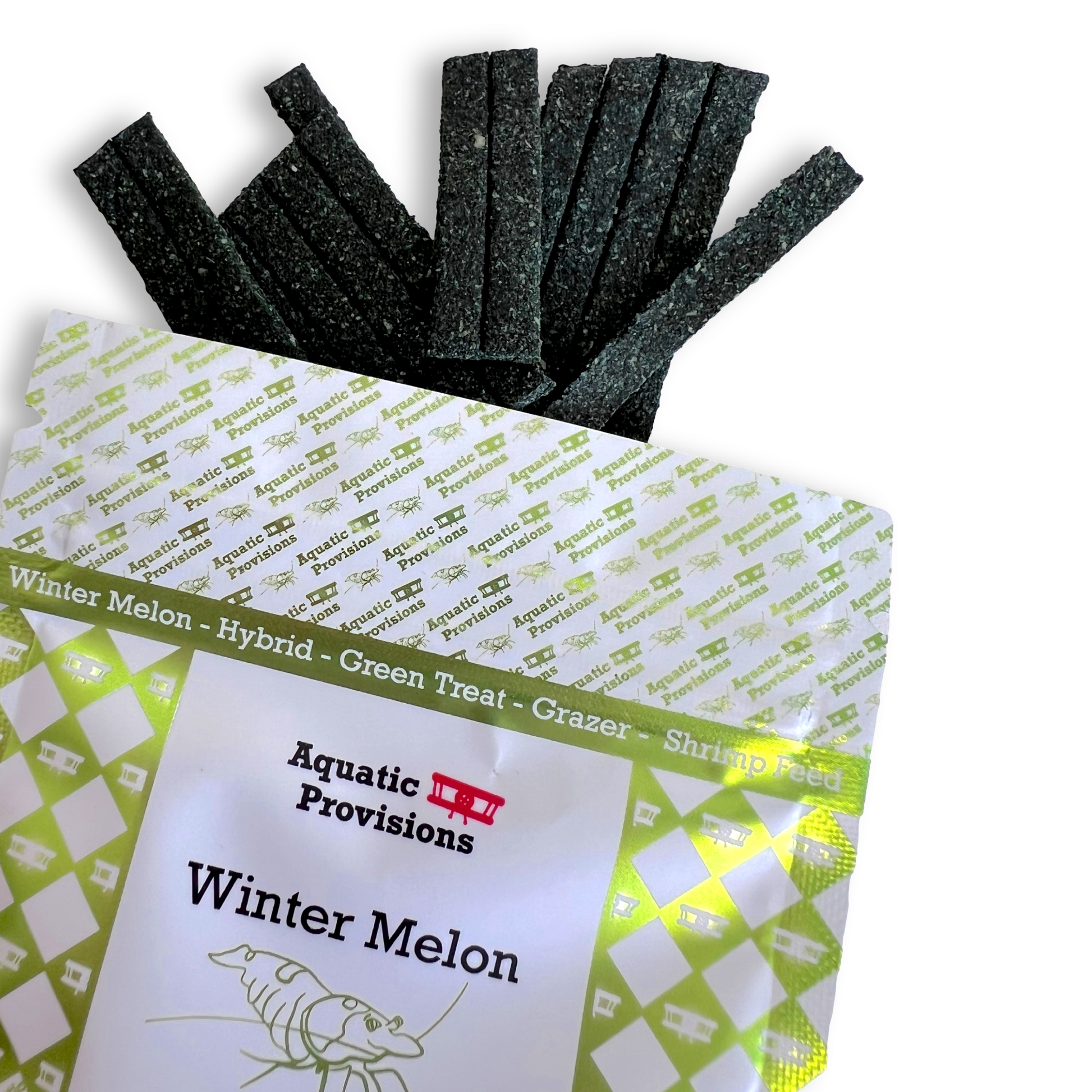 Aquatic Provisions Winter Melon product packaging with black strips on a white background