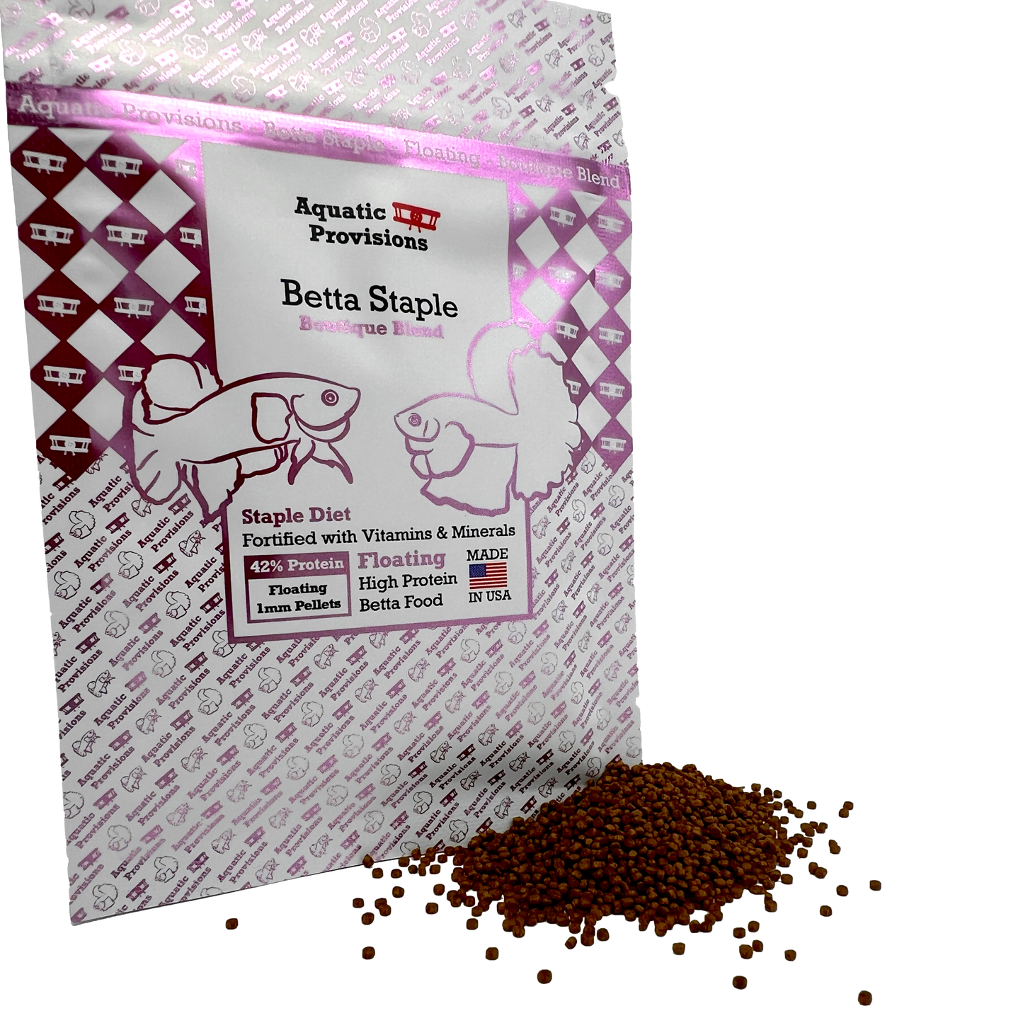 Aquatic Provisions Betta Staple fish food packaging with spilled pellets on a white background