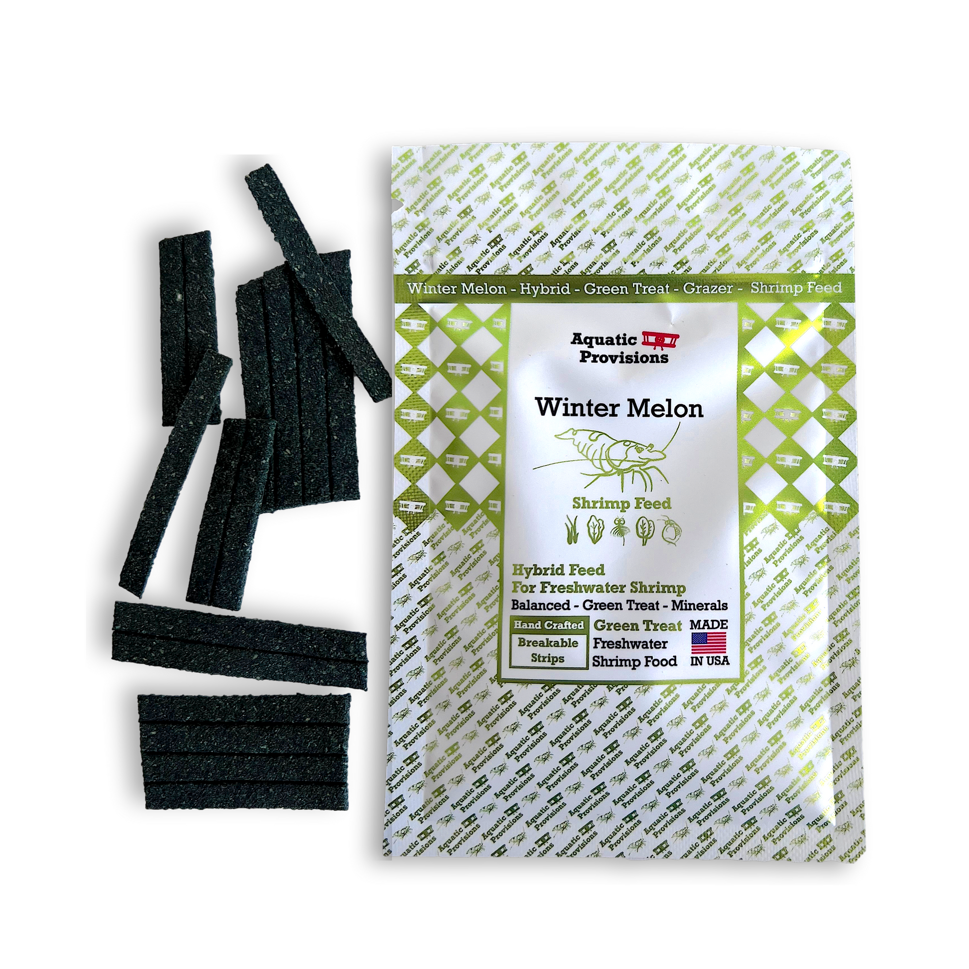 Aquatic provisions with green strips and a branded package on a white background