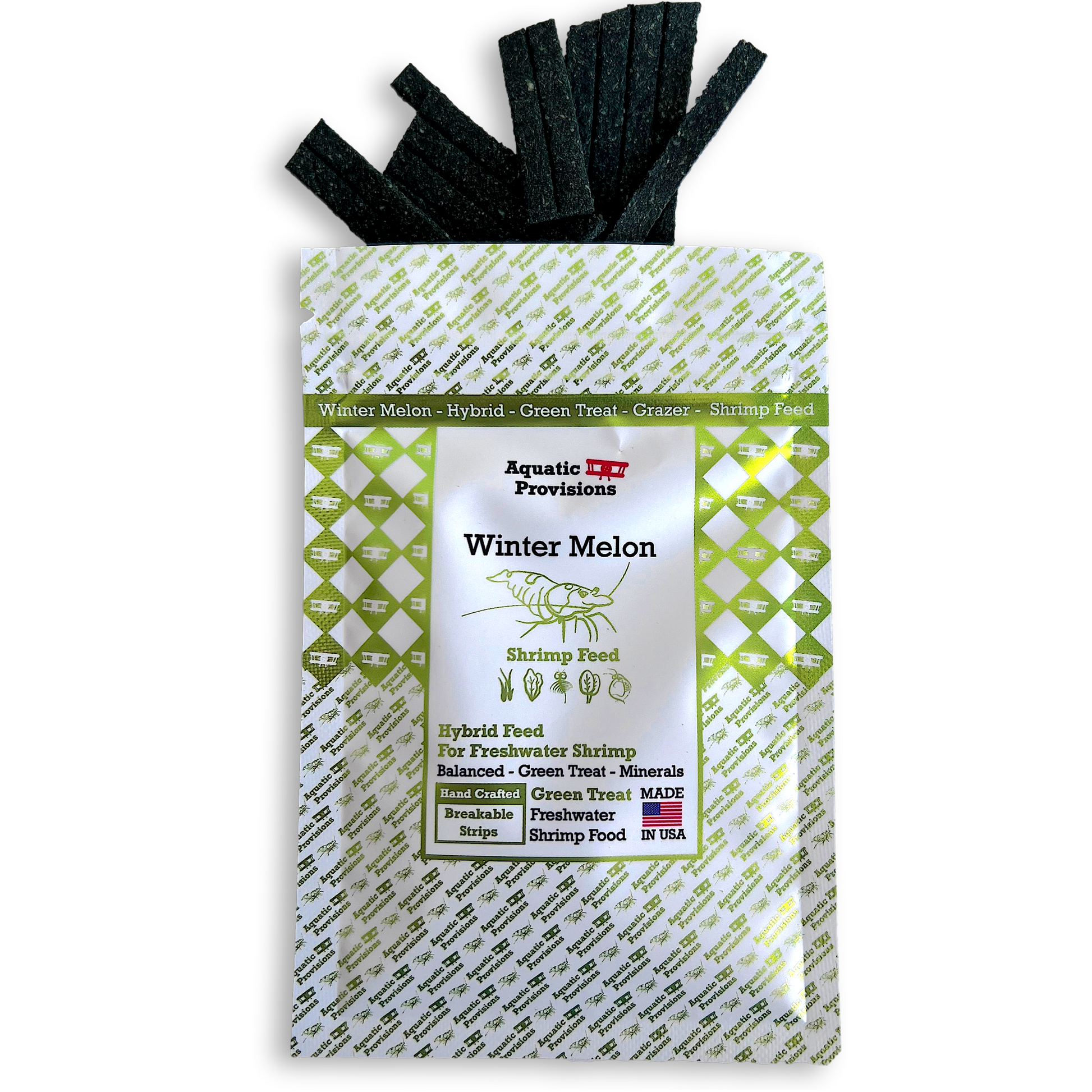 Shrimp feed package with winter melon flavor on a white background